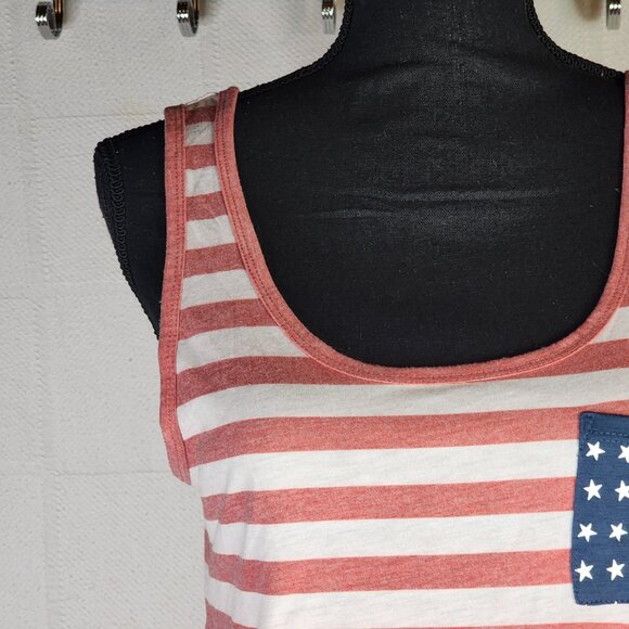 Fifth Sun Red White Stripe Blue Pocket with White Stars Poly Rayon Tank Top Sz L - Picture 4 of 16